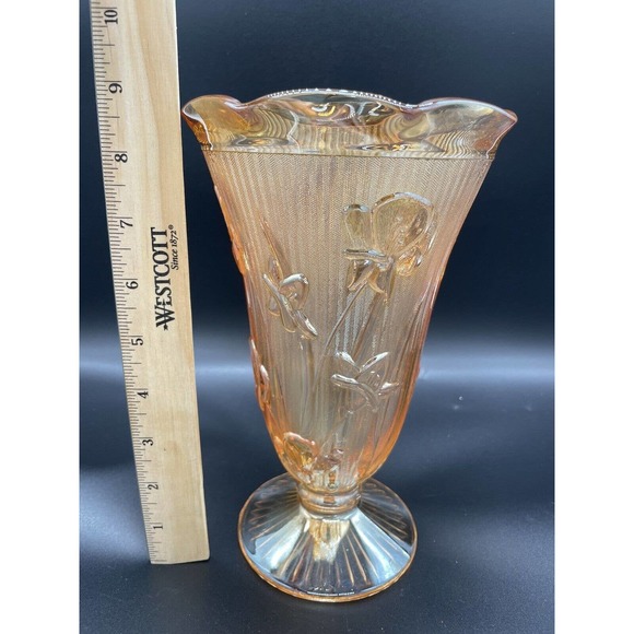 Vintage Jeanette Carnival/Depression Glass Vase Marigold Herringbone Iris - Picture 8 of 10
